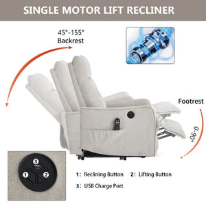 English Elm Beige Chenille Power Lift Recliner with Massage Heat and USB for Elderly Comfort Beige W1803P536615