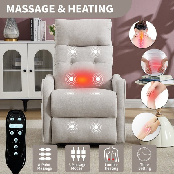 English Elm Beige Chenille Power Lift Recliner with Massage Heat and USB for Elderly Comfort Beige W1803P536615
