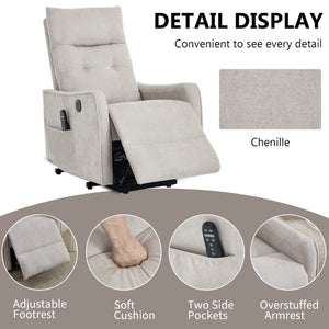 English Elm Beige Chenille Power Lift Recliner with Massage Heat and USB for Elderly Comfort Beige W1803P536615