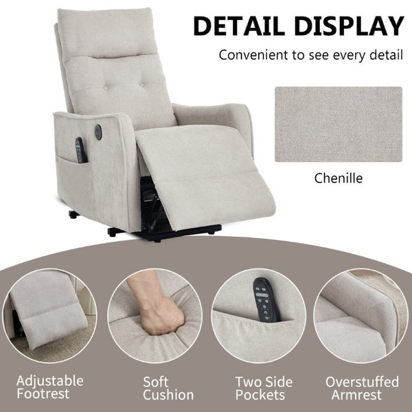 English Elm Beige Chenille Power Lift Recliner with Massage Heat and USB for Elderly Comfort Beige W1803P536615