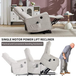 English Elm Beige Chenille Power Lift Recliner with Massage Heat and USB for Elderly Comfort Beige W1803P536615