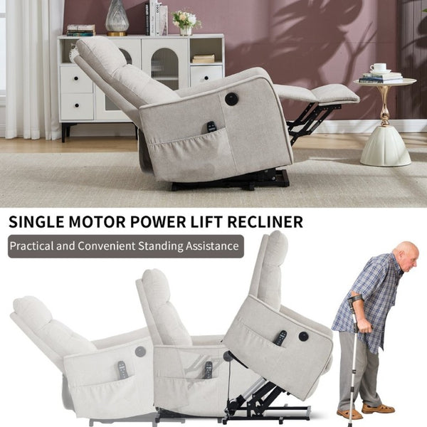 English Elm Beige Chenille Power Lift Recliner with Massage Heat and USB for Elderly Comfort Beige W1803P536615