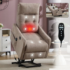 English Elm Beige Chenille Power Lift Recliner with Massage Heat and USB for Elderly Comfort Khaki W1803P536616
