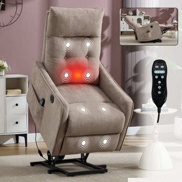 English Elm Beige Chenille Power Lift Recliner with Massage Heat and USB for Elderly Comfort Khaki W1803P536616