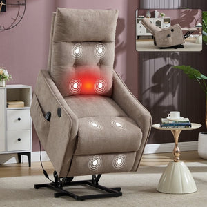 English Elm Beige Chenille Power Lift Recliner with Massage Heat and USB for Elderly Comfort Khaki W1803P536616