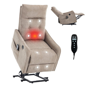 English Elm Beige Chenille Power Lift Recliner with Massage Heat and USB for Elderly Comfort Khaki W1803P536616