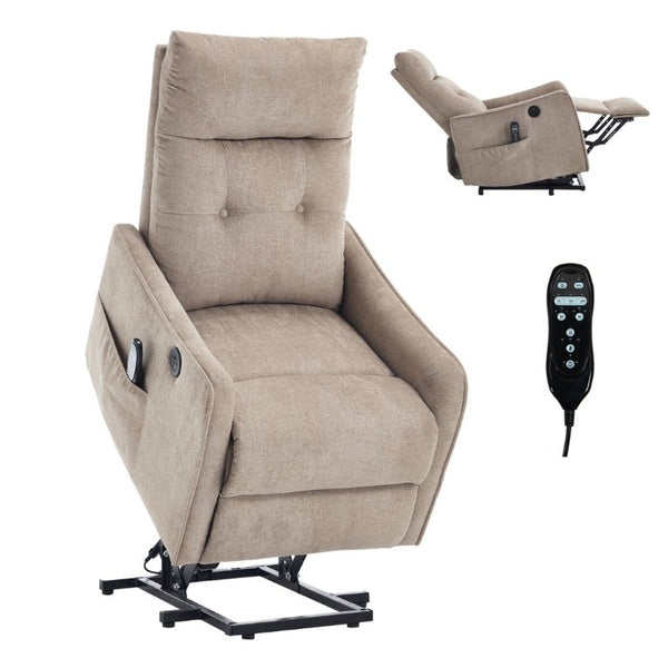 English Elm Beige Chenille Power Lift Recliner with Massage Heat and USB for Elderly Comfort Khaki W1803P536616