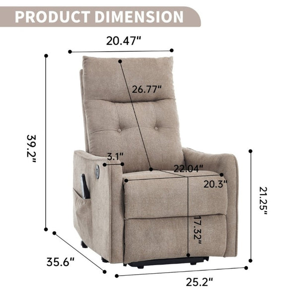 English Elm Beige Chenille Power Lift Recliner with Massage Heat and USB for Elderly Comfort Khaki W1803P536616