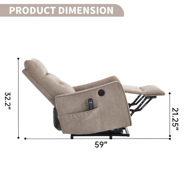 English Elm Beige Chenille Power Lift Recliner with Massage Heat and USB for Elderly Comfort Khaki W1803P536616
