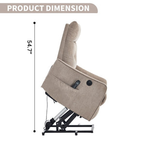 English Elm Beige Chenille Power Lift Recliner with Massage Heat and USB for Elderly Comfort Khaki W1803P536616