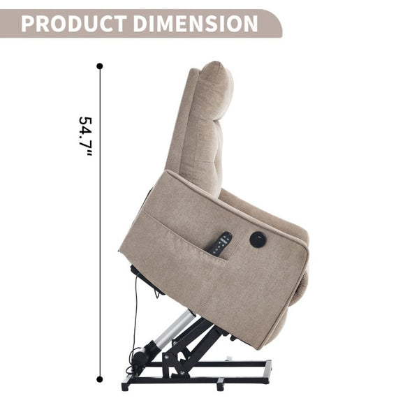 English Elm Beige Chenille Power Lift Recliner with Massage Heat and USB for Elderly Comfort Khaki W1803P536616