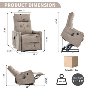 English Elm Beige Chenille Power Lift Recliner with Massage Heat and USB for Elderly Comfort Khaki W1803P536616
