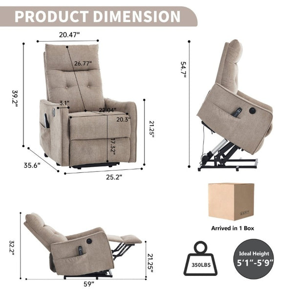 English Elm Beige Chenille Power Lift Recliner with Massage Heat and USB for Elderly Comfort Khaki W1803P536616