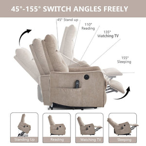 English Elm Beige Chenille Power Lift Recliner with Massage Heat and USB for Elderly Comfort Khaki W1803P536616