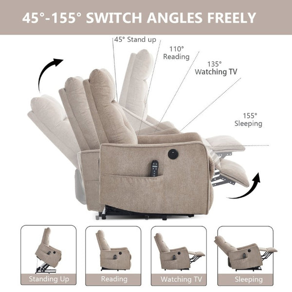 English Elm Beige Chenille Power Lift Recliner with Massage Heat and USB for Elderly Comfort Khaki W1803P536616