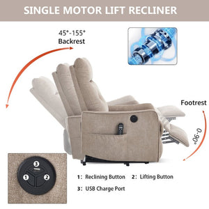 English Elm Beige Chenille Power Lift Recliner with Massage Heat and USB for Elderly Comfort Khaki W1803P536616
