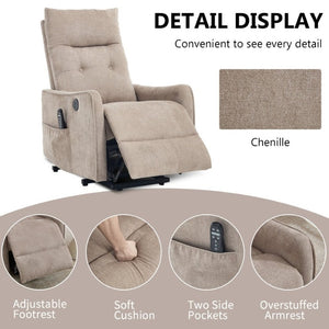 English Elm Beige Chenille Power Lift Recliner with Massage Heat and USB for Elderly Comfort Khaki W1803P536616