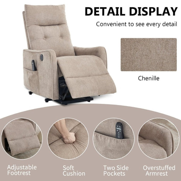 English Elm Beige Chenille Power Lift Recliner with Massage Heat and USB for Elderly Comfort Khaki W1803P536616