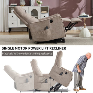 English Elm Beige Chenille Power Lift Recliner with Massage Heat and USB for Elderly Comfort Khaki W1803P536616
