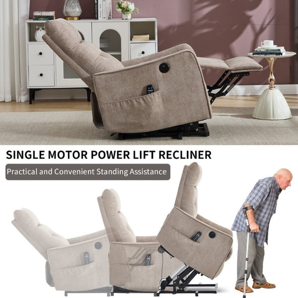 English Elm Beige Chenille Power Lift Recliner with Massage Heat and USB for Elderly Comfort Khaki W1803P536616