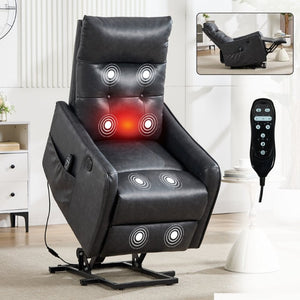 English Elm Black PU Leather Power Lift Recliner with Massage Heat and USB Charging Port Deep Grey W1803P536617