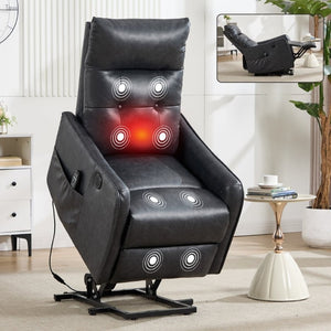 English Elm Black PU Leather Power Lift Recliner with Massage Heat and USB Charging Port Deep Grey W1803P536617
