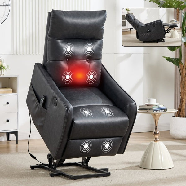 English Elm Black PU Leather Power Lift Recliner with Massage Heat and USB Charging Port Deep Grey W1803P536617