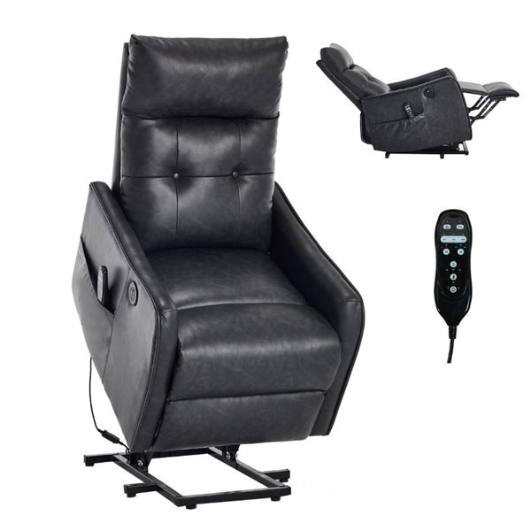 English Elm Black PU Leather Power Lift Recliner with Massage Heat and USB Charging Port Deep Grey W1803P536617
