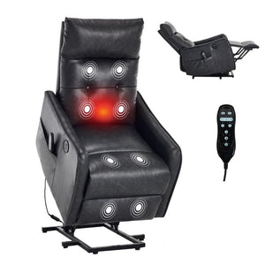 English Elm Black PU Leather Power Lift Recliner with Massage Heat and USB Charging Port Deep Grey W1803P536617