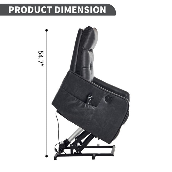 English Elm Black PU Leather Power Lift Recliner with Massage Heat and USB Charging Port Deep Grey W1803P536617