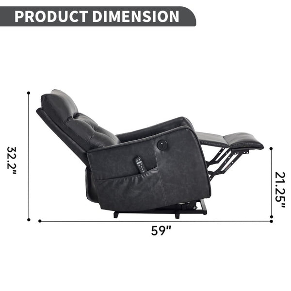 English Elm Black PU Leather Power Lift Recliner with Massage Heat and USB Charging Port Deep Grey W1803P536617