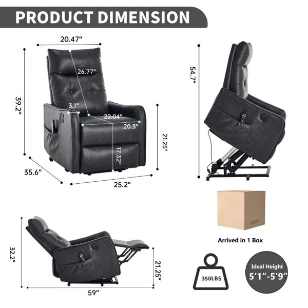 English Elm Black PU Leather Power Lift Recliner with Massage Heat and USB Charging Port Deep Grey W1803P536617