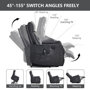 English Elm Black PU Leather Power Lift Recliner with Massage Heat and USB Charging Port Deep Grey W1803P536617