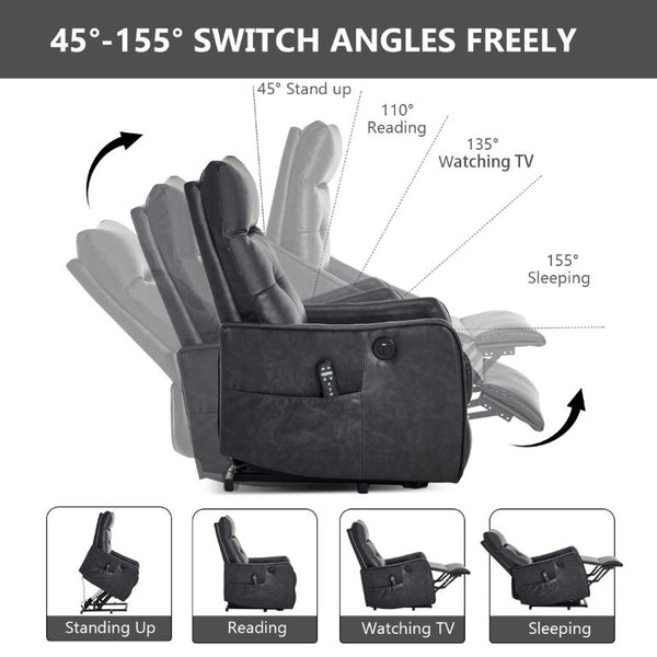 English Elm Black PU Leather Power Lift Recliner with Massage Heat and USB Charging Port Deep Grey W1803P536617