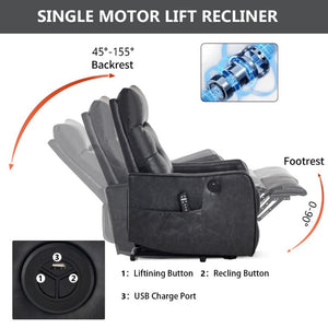 English Elm Black PU Leather Power Lift Recliner with Massage Heat and USB Charging Port Deep Grey W1803P536617
