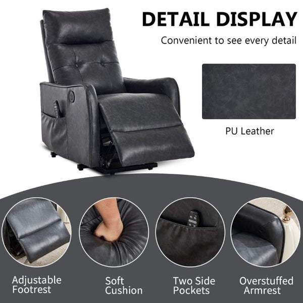 English Elm Black PU Leather Power Lift Recliner with Massage Heat and USB Charging Port Deep Grey W1803P536617