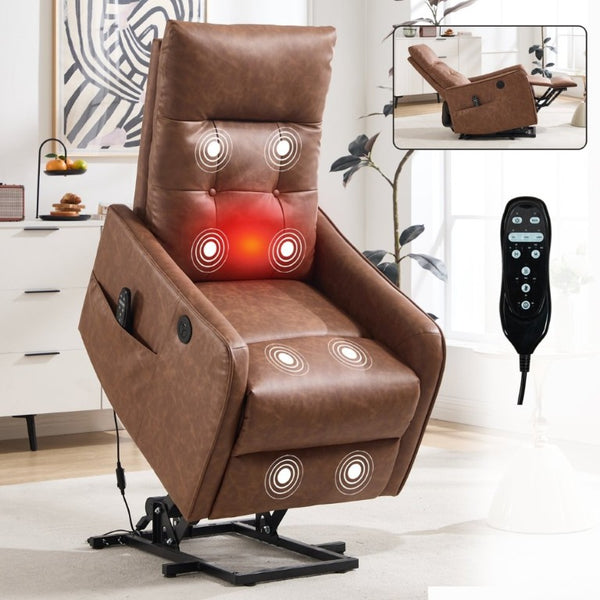 English Elm Black PU Leather Power Lift Recliner with Massage Heat and USB Charging Port Brown - B W1803P536618