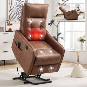 English Elm Black PU Leather Power Lift Recliner with Massage Heat and USB Charging Port Brown - B W1803P536618
