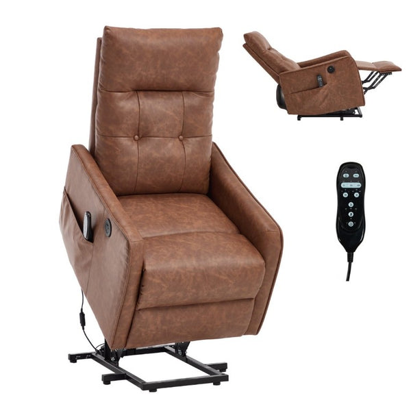 English Elm Black PU Leather Power Lift Recliner with Massage Heat and USB Charging Port Brown - B W1803P536618