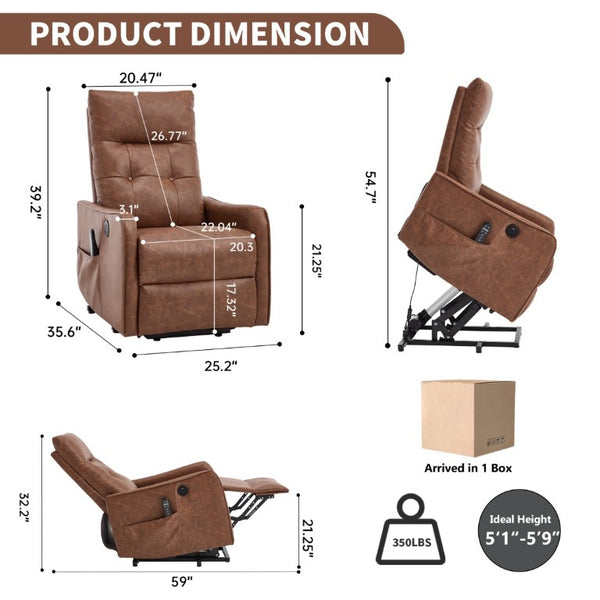 English Elm Black PU Leather Power Lift Recliner with Massage Heat and USB Charging Port Brown - B W1803P536618