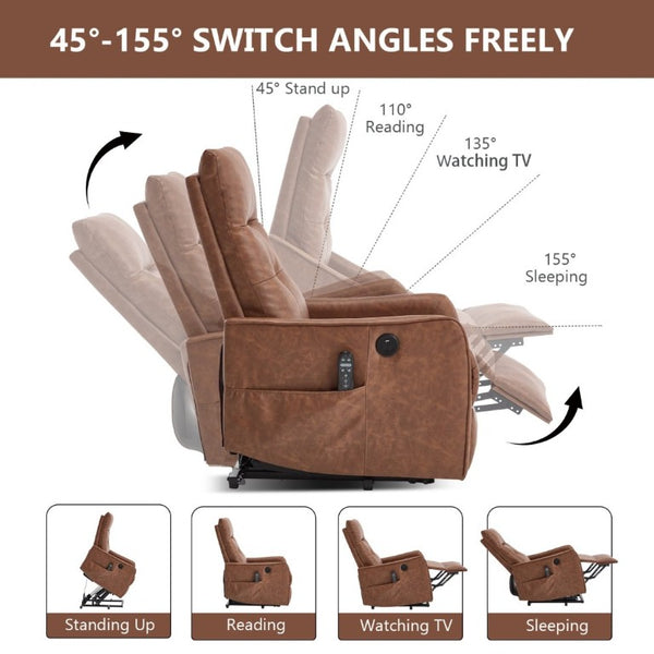 English Elm Black PU Leather Power Lift Recliner with Massage Heat and USB Charging Port Brown - B W1803P536618