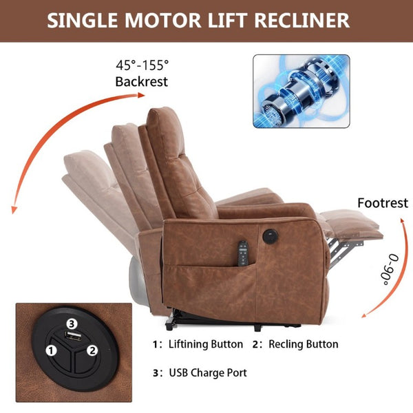 English Elm Black PU Leather Power Lift Recliner with Massage Heat and USB Charging Port Brown - B W1803P536618
