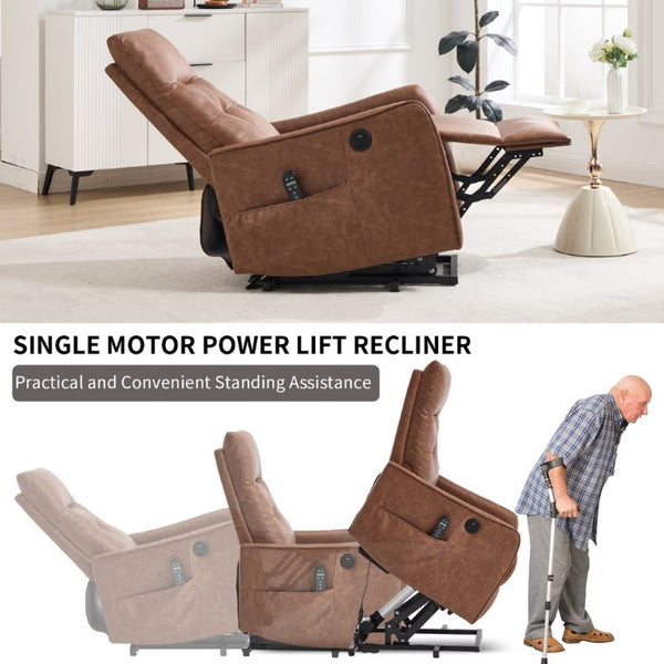 English Elm Black PU Leather Power Lift Recliner with Massage Heat and USB Charging Port Brown - B W1803P536618