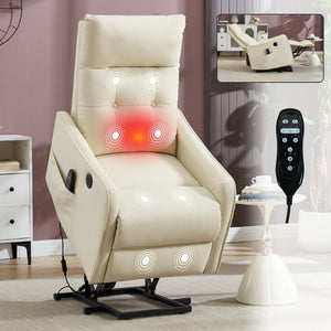 English Elm Black PU Leather Power Lift Recliner with Massage Heat and USB Charging Port Beige W1803P536619