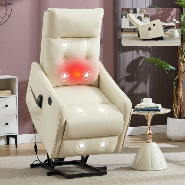 English Elm Black PU Leather Power Lift Recliner with Massage Heat and USB Charging Port Beige W1803P536619