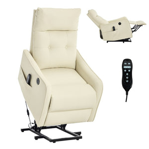 English Elm Black PU Leather Power Lift Recliner with Massage Heat and USB Charging Port Beige W1803P536619