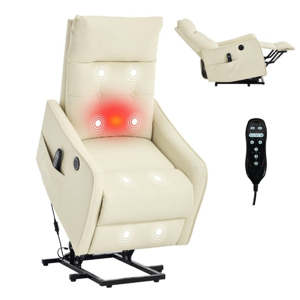 English Elm Black PU Leather Power Lift Recliner with Massage Heat and USB Charging Port Beige W1803P536619