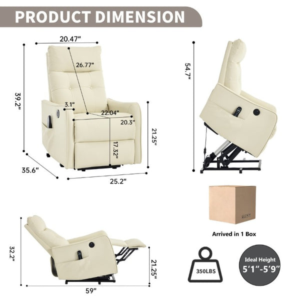 English Elm Black PU Leather Power Lift Recliner with Massage Heat and USB Charging Port Beige W1803P536619