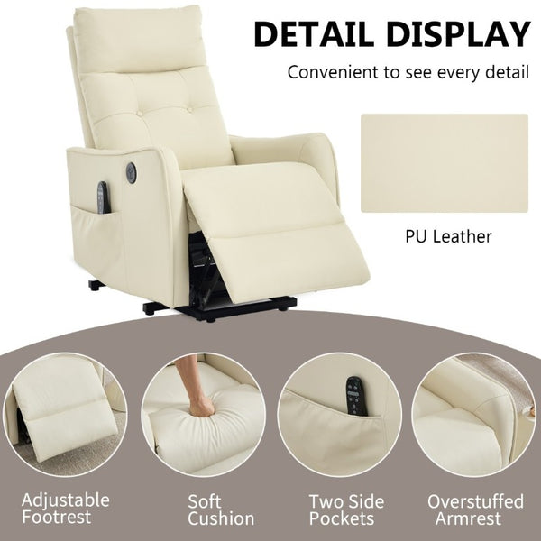 English Elm Black PU Leather Power Lift Recliner with Massage Heat and USB Charging Port Beige W1803P536619