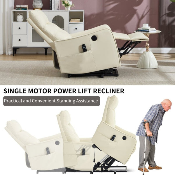 English Elm Black PU Leather Power Lift Recliner with Massage Heat and USB Charging Port Beige W1803P536619